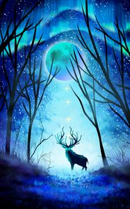 Preview wallpaper deer, forest, night, moon, northern lights, art