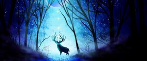 Preview wallpaper deer, forest, night, moon, northern lights, art