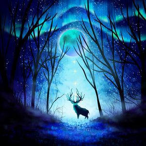 Preview wallpaper deer, forest, night, moon, northern lights, art