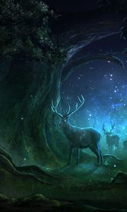 Preview wallpaper deer, forest, night, lights, magic