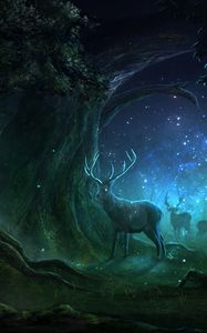 Preview wallpaper deer, forest, night, lights, magic