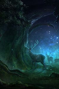 Preview wallpaper deer, forest, night, lights, magic