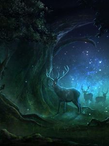 Preview wallpaper deer, forest, night, lights, magic