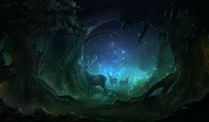 Preview wallpaper deer, forest, night, lights, magic