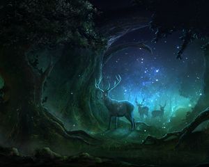 Preview wallpaper deer, forest, night, lights, magic