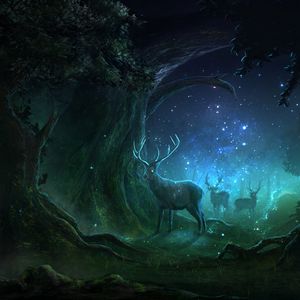 Preview wallpaper deer, forest, night, lights, magic