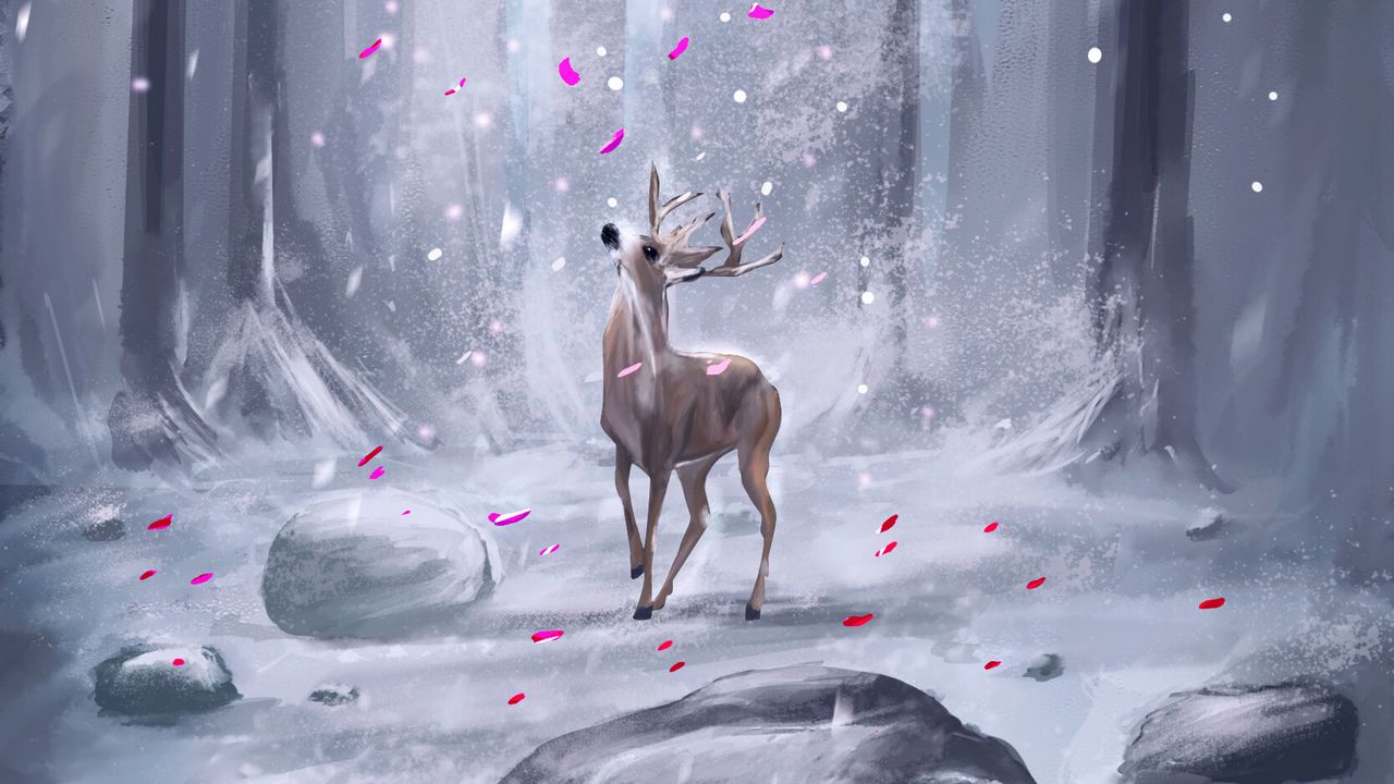 Wallpaper deer, forest, petals, snow, ar