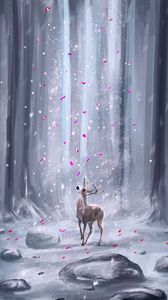 Preview wallpaper deer, forest, petals, snow, ar