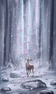 Preview wallpaper deer, forest, petals, snow, ar