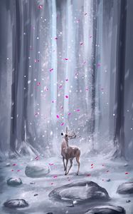 Preview wallpaper deer, forest, petals, snow, ar