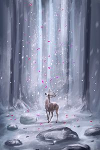 Preview wallpaper deer, forest, petals, snow, ar