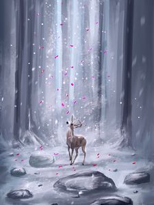 Preview wallpaper deer, forest, petals, snow, ar