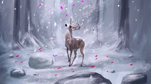 Preview wallpaper deer, forest, petals, snow, ar