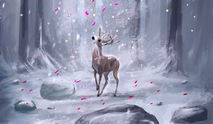 Preview wallpaper deer, forest, petals, snow, ar