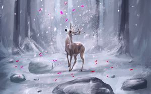 Preview wallpaper deer, forest, petals, snow, ar