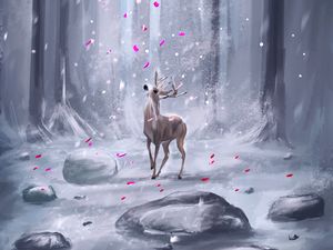 Preview wallpaper deer, forest, petals, snow, ar