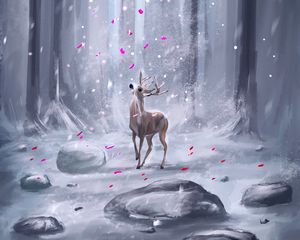 Preview wallpaper deer, forest, petals, snow, ar