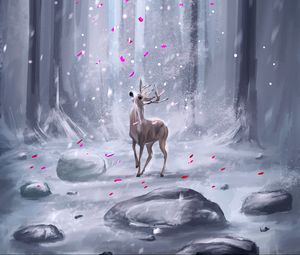 Preview wallpaper deer, forest, petals, snow, ar