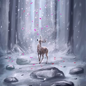 Preview wallpaper deer, forest, petals, snow, ar