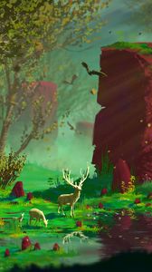 Preview wallpaper deer, forest, rocks, art