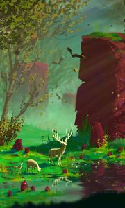 Preview wallpaper deer, forest, rocks, art