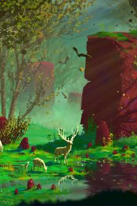 Preview wallpaper deer, forest, rocks, art