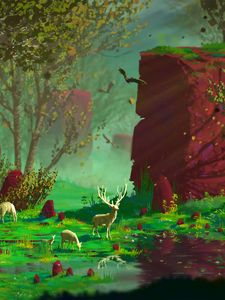 Preview wallpaper deer, forest, rocks, art