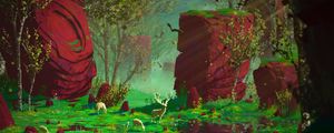 Preview wallpaper deer, forest, rocks, art