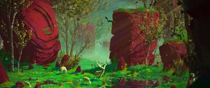 Preview wallpaper deer, forest, rocks, art