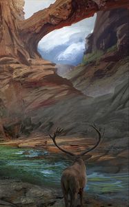 Preview wallpaper deer, horns, fantasy, landscape, art