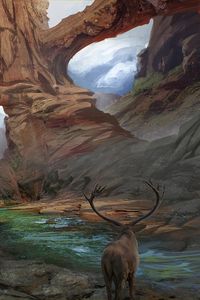 Preview wallpaper deer, horns, fantasy, landscape, art