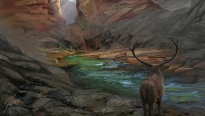 Preview wallpaper deer, horns, fantasy, landscape, art