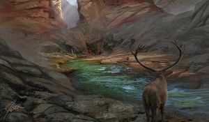 Preview wallpaper deer, horns, fantasy, landscape, art