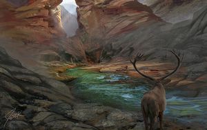 Preview wallpaper deer, horns, fantasy, landscape, art