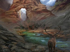 Preview wallpaper deer, horns, fantasy, landscape, art