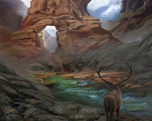 Preview wallpaper deer, horns, fantasy, landscape, art