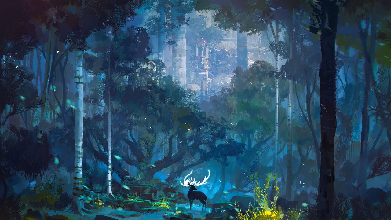 Wallpaper deer, horns, fantasy, castle, landscape, art