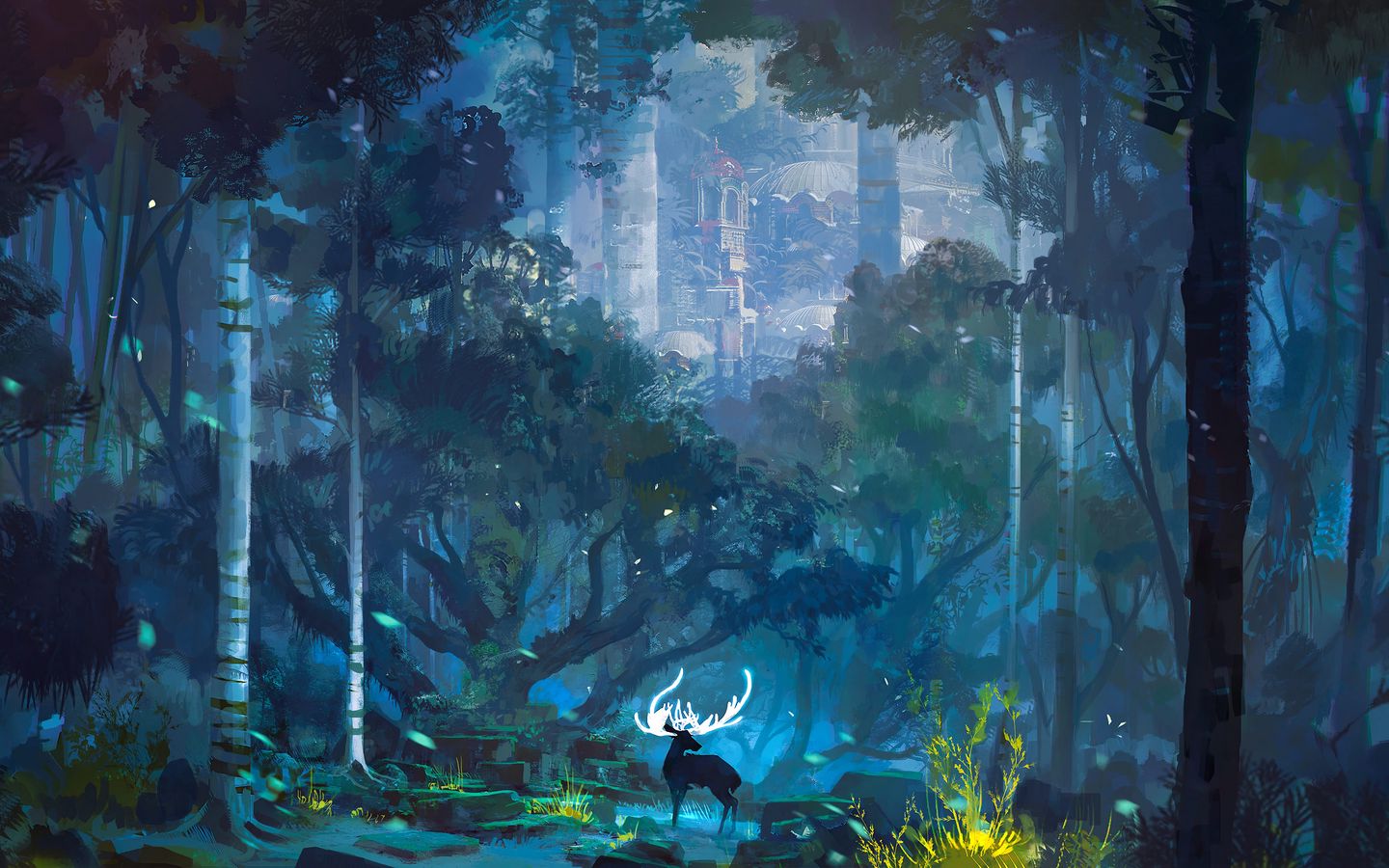 Download wallpaper 1440x900 deer, horns, fantasy, castle, landscape, art  widescreen 16:10 hd background