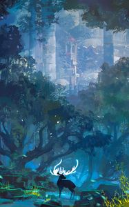 Preview wallpaper deer, horns, fantasy, castle, landscape, art
