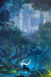 Preview wallpaper deer, horns, fantasy, castle, landscape, art