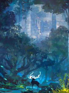 Preview wallpaper deer, horns, fantasy, castle, landscape, art