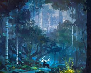 Preview wallpaper deer, horns, fantasy, castle, landscape, art