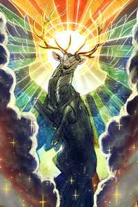 Preview wallpaper deer, horns, halo, wings, art