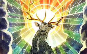 Preview wallpaper deer, horns, halo, wings, art