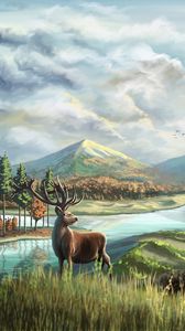 Preview wallpaper deer, horns, river, mountains, art
