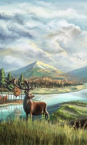 Preview wallpaper deer, horns, river, mountains, art