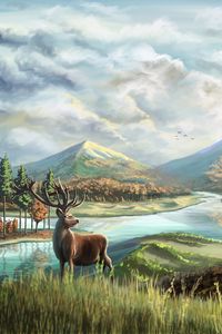 Preview wallpaper deer, horns, river, mountains, art