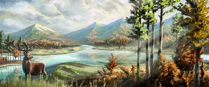 Preview wallpaper deer, horns, river, mountains, art