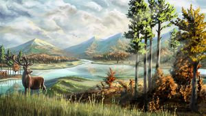 Preview wallpaper deer, horns, river, mountains, art