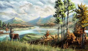 Preview wallpaper deer, horns, river, mountains, art